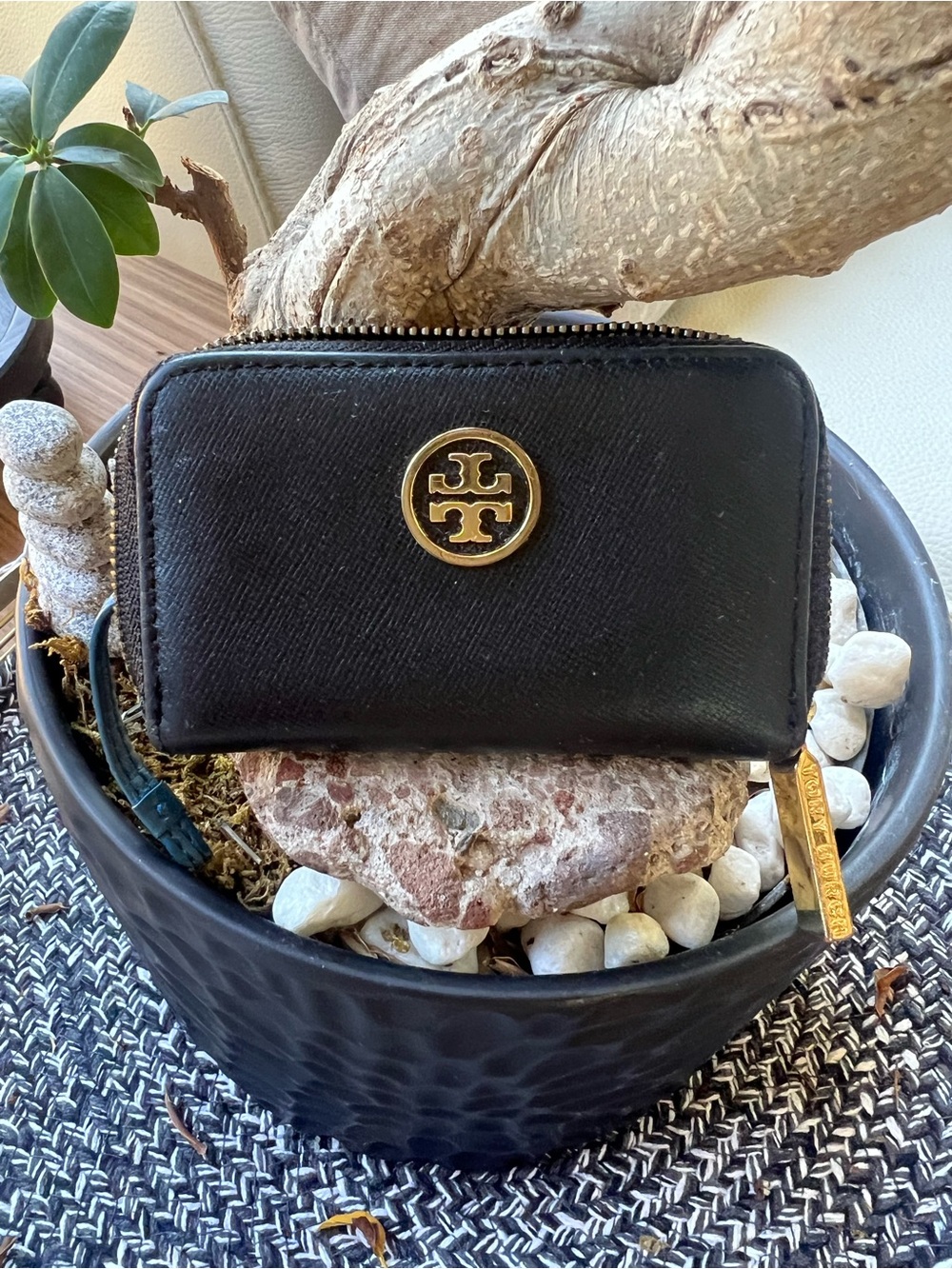 Tory Burch Black Leather Zip Card Case with Gold Logo